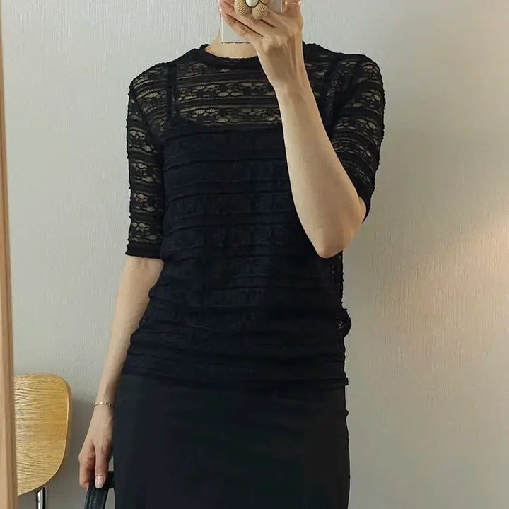 [BUNJANG] Pigment See-Through Lace Short-Sleeve T-Shirt Black / (F)피그먼트 여성 반팔 티셔츠 시스루 레이스 블랙 J18W3684