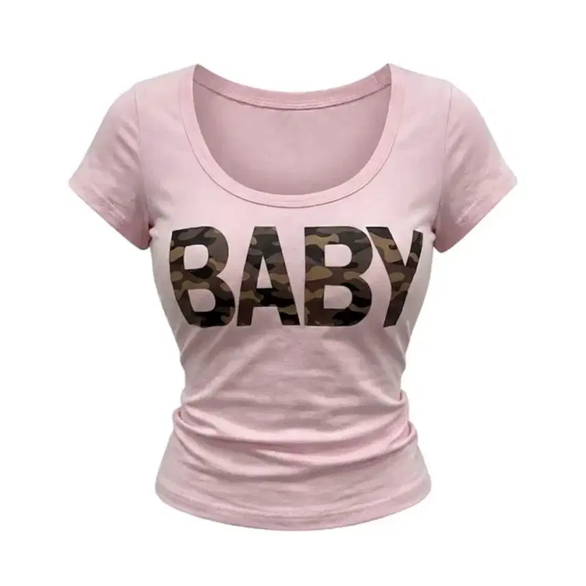 [BUNJANG] Baby Camo Crop Short Sleeve T-Shirt Pink/Black / 베이비 카모 크롭 반팔 티셔츠 에이블리 핑크 블랙