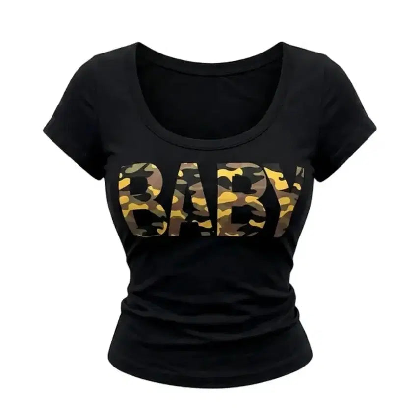 [BUNJANG] Baby Camo Crop Short Sleeve T-Shirt Pink/Black / 베이비 카모 크롭 반팔 티셔츠 에이블리 핑크 블랙