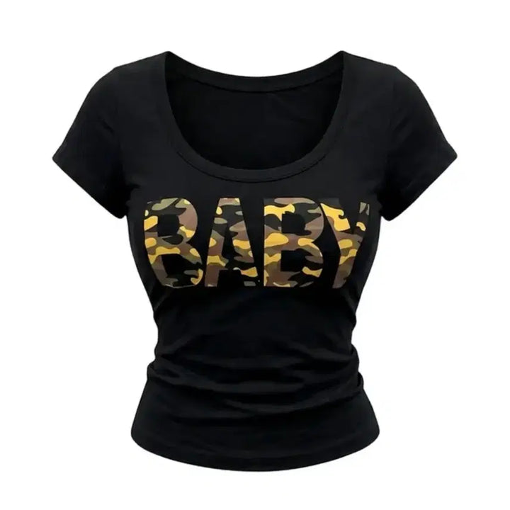 [BUNJANG] Baby Camo Crop Short Sleeve T-Shirt Pink/Black / 베이비 카모 크롭 반팔 티셔츠 에이블리 핑크 블랙