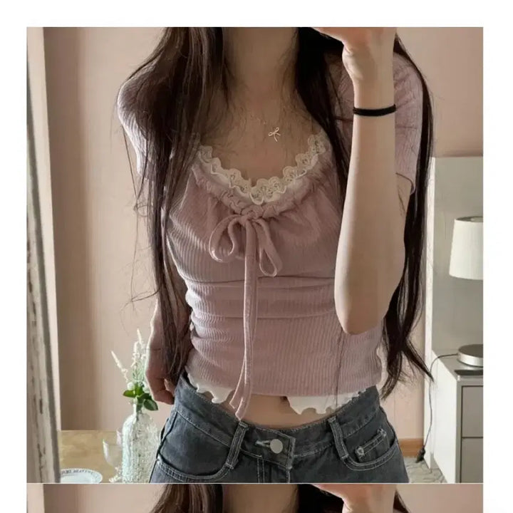 [BUNJANG] Briny Ribbon Ribbed Shirring Short Sleeve T-shirt / 에이블리 브리니 리본 골지 스트랩 셔링 반팔 티셔츠 리본코어 에겐