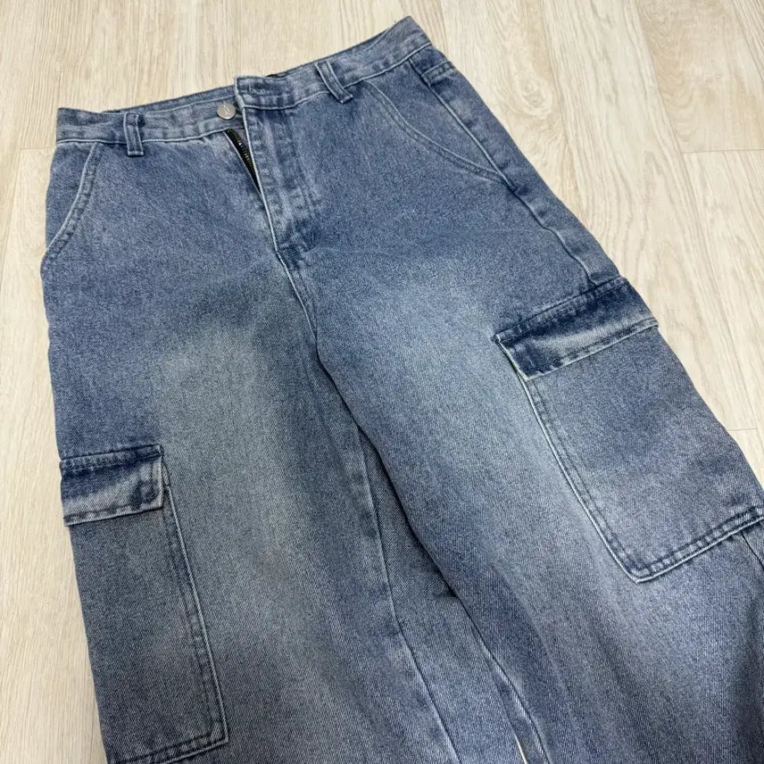 [BUNJANG] Wide Cargo Denim Pants - Medium Wash / 와이드 카고 데님 바지 중청