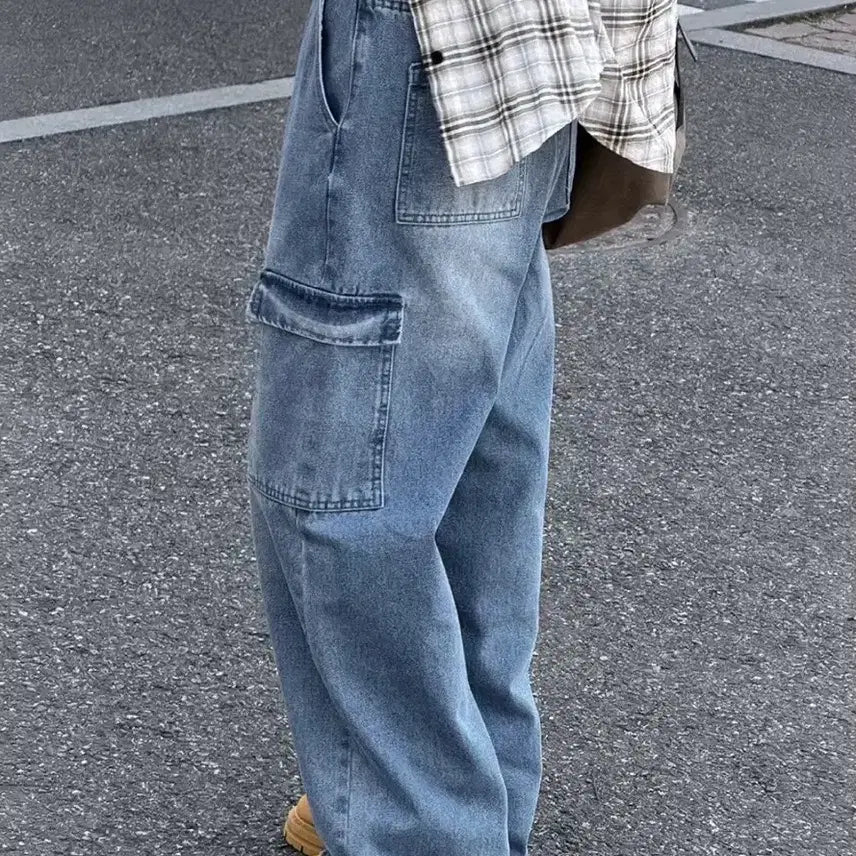 [BUNJANG] Wide Cargo Denim Pants - Medium Wash / 와이드 카고 데님 바지 중청