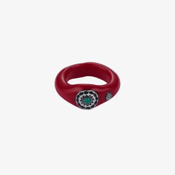 [BUNJANG] ENFP Antique Design Red Ring with Green Gemstone / 엔프프 반지 12-13
