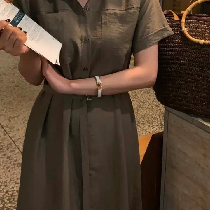 [BUNJANG] Finre Demer Linen Collar Pocket Long Dress - Light Beige / (새상품) 핀르 드메르 린넨 카라 포켓 롱원피스 