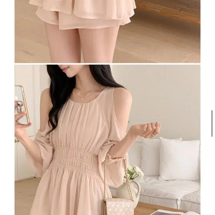 [BUNJANG] Perbit Sally Off-the-Shoulder Chiffon Blouse &amp; Pants Set (Light Peach) / 퍼빗_샐리 어깨 트임 쉬폰 블라우스&amp;팬츠(물복숭아)