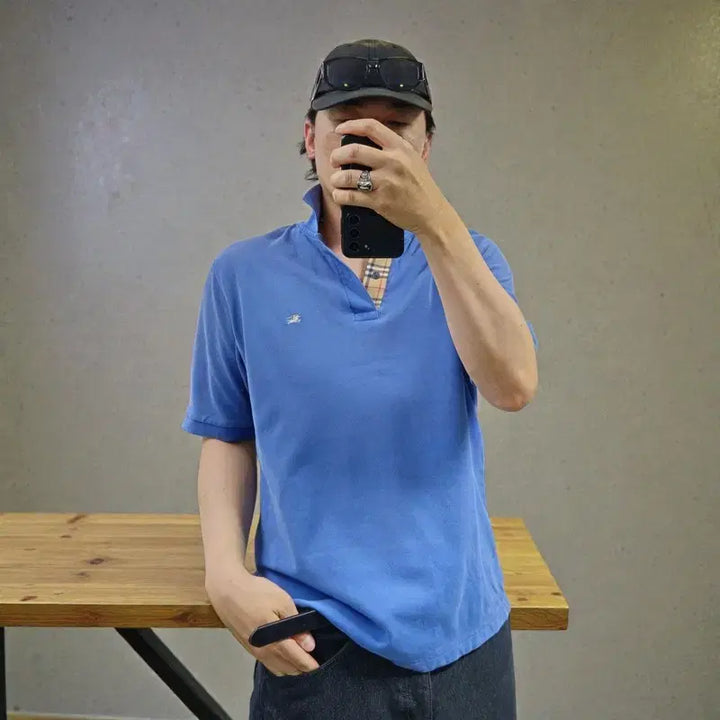 [BUNJANG] Burberry London Sky Blue Logo Embroidered Check Detail PK Polo Shirt M / 버버리 PK셔츠 카라티 M0580