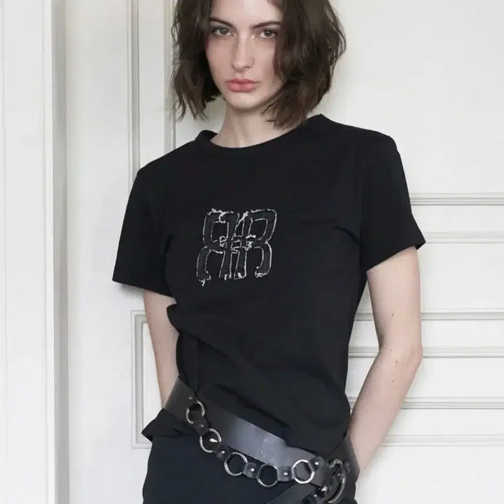 [BUNJANG] Rock Cake Logo Denim Semi-Crop Short Sleeve T-Shirt / 락케이크 로고 데님 세미크롭 반팔