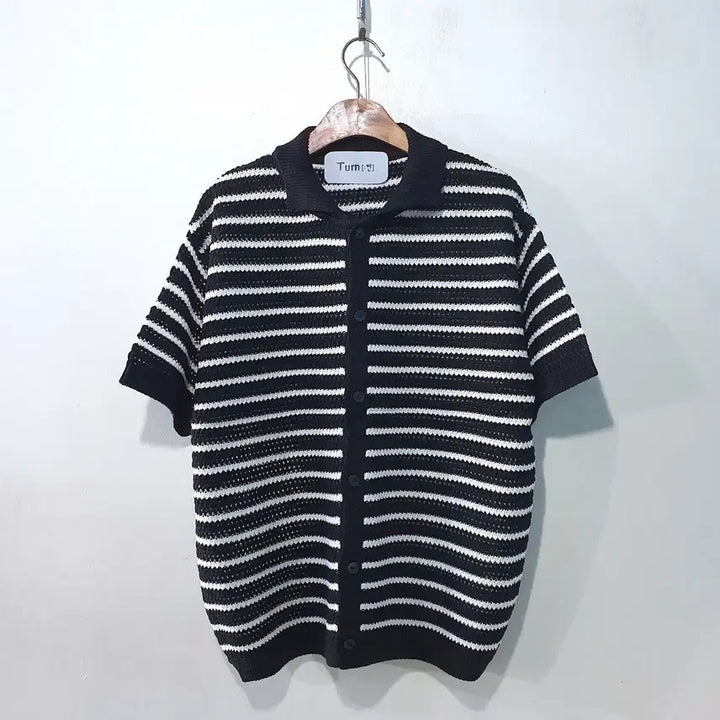 [BUNJANG] Chain Stripe Collar Short Sleeve Cardigan / SS신상) 체인 스트라이프 카라 반팔 가디건 5color M,L