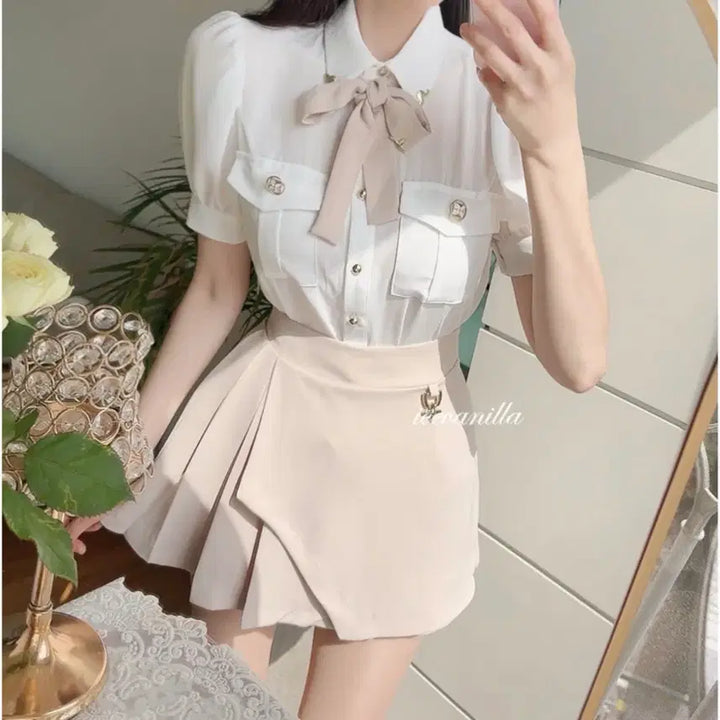 [BUNJANG] Tie Blouse and Skirt Set (Size 66-77) / [새상품/66~77] 타이 블라우스 스커트 set