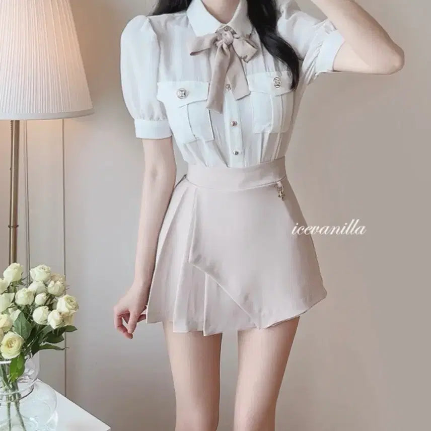 [BUNJANG] Tie Blouse and Skirt Set (Size 66-77) / [새상품/66~77] 타이 블라우스 스커트 set