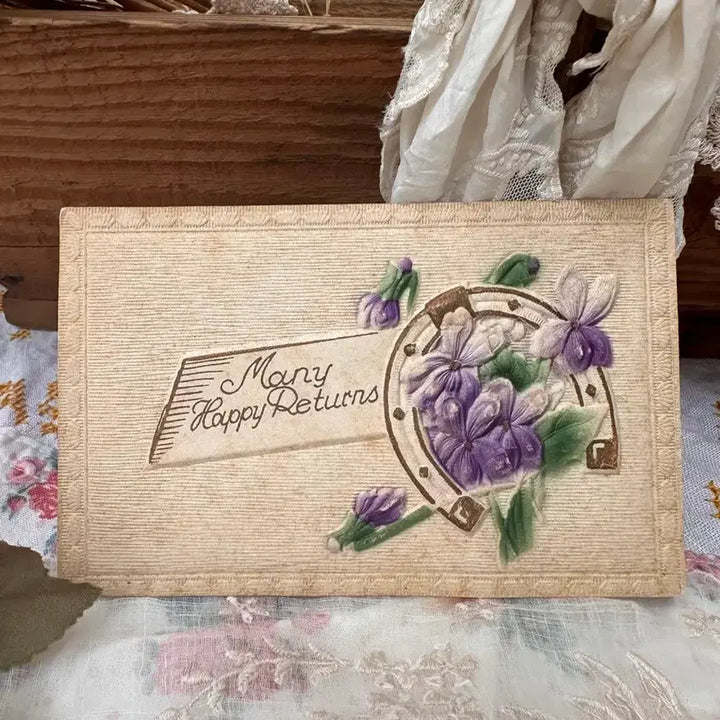 [BUNJANG] Antique Embossed Floral Postcard - Purple Flower &amp; Green Leaf / 앤틱 플라워엽서 입체양각 보라꽃초록잎