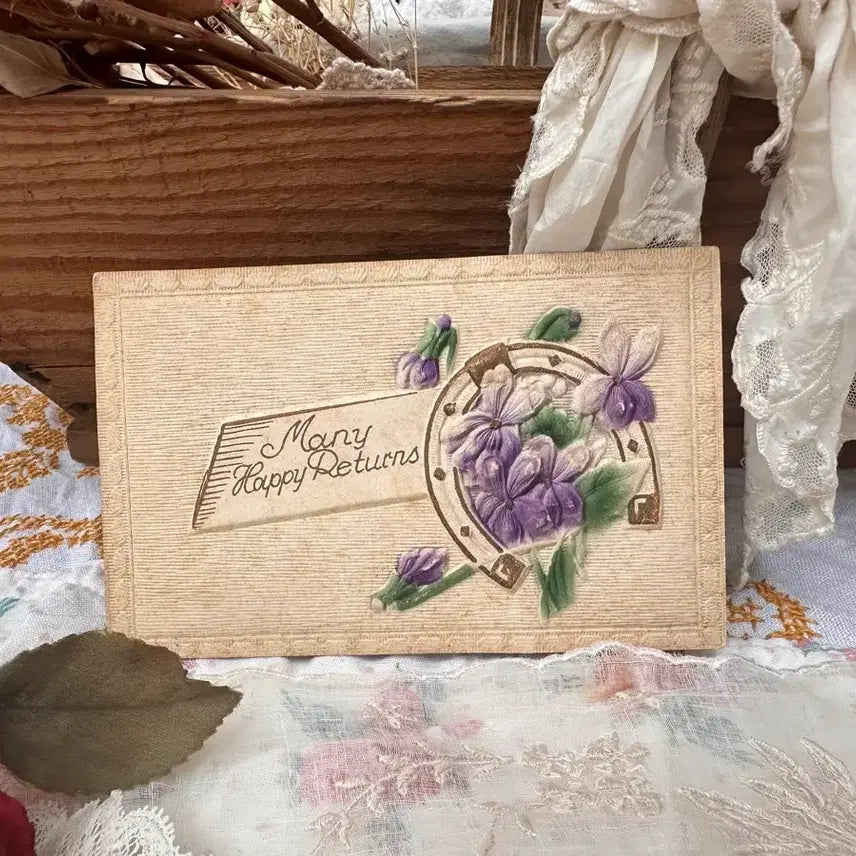 [BUNJANG] Antique Embossed Floral Postcard - Purple Flower &amp; Green Leaf / 앤틱 플라워엽서 입체양각 보라꽃초록잎