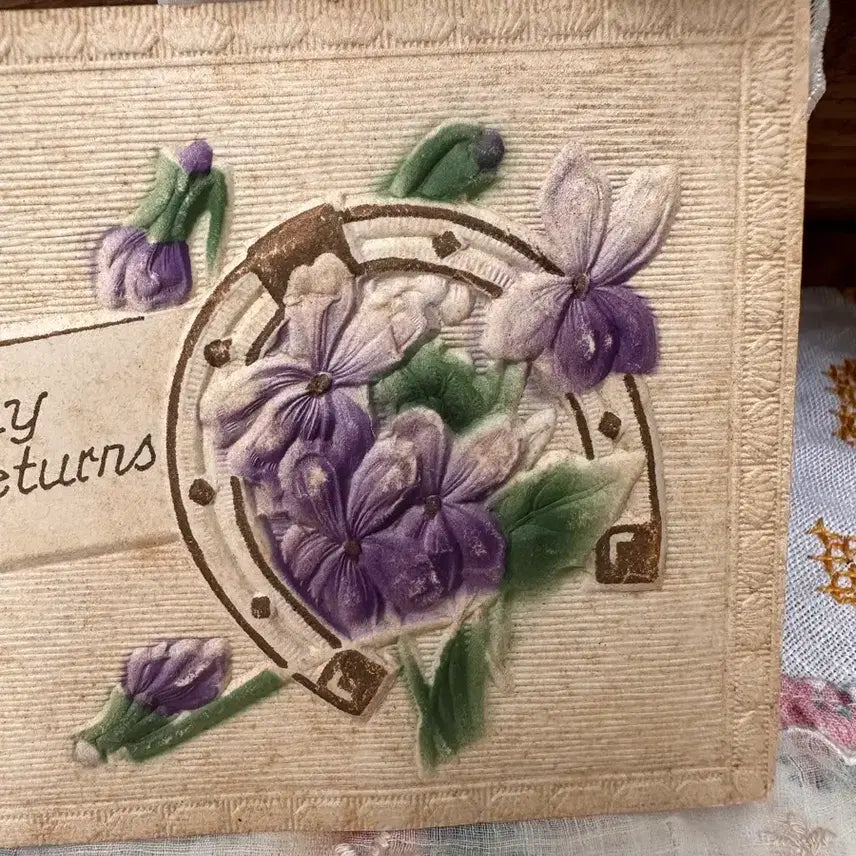 [BUNJANG] Antique Embossed Floral Postcard - Purple Flower &amp; Green Leaf / 앤틱 플라워엽서 입체양각 보라꽃초록잎