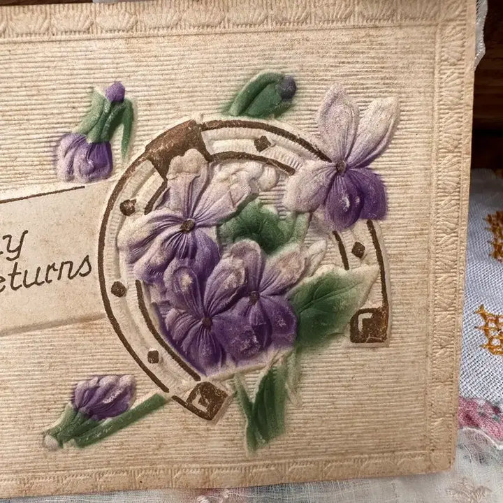 [BUNJANG] Antique Embossed Floral Postcard - Purple Flower &amp; Green Leaf / 앤틱 플라워엽서 입체양각 보라꽃초록잎