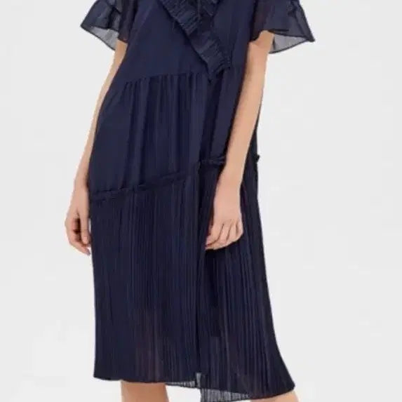 [BUNJANG] SJSJ Navy Pleated Frill Long Dress / 한섬 SJSJ 네이비 플리츠 프릴 롱원피스