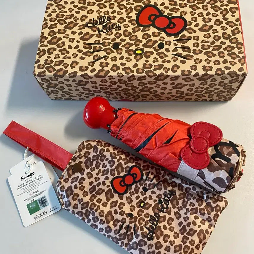 [BUNJANG] Hello Kitty Leopard Folding Umbrella with Pouch / 헬로키티 레오파드 접이식 우산 + 파우치