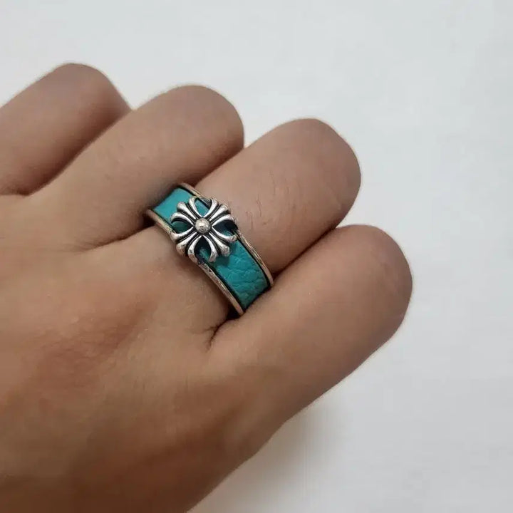 [BUNJANG] Silver-Plated Open Ring Size 12 with Turquoise Cross Charm / 실버 도금 오픈링 12호