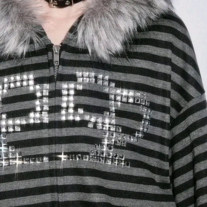 [BUNJANG] Romwe Striped Fur Hooded Zip-Up Jacket / Romwe 스트라이프 단가라 퍼 후드집업 y2k 갸루