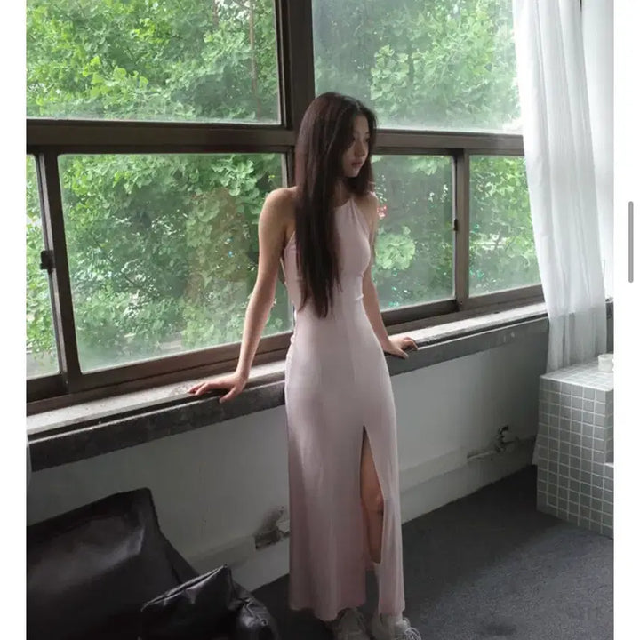 [BUNJANG] Babywrap Pink Line Back Halter Dress / 베이비랩 핑크 라인 백 홀터 원피스