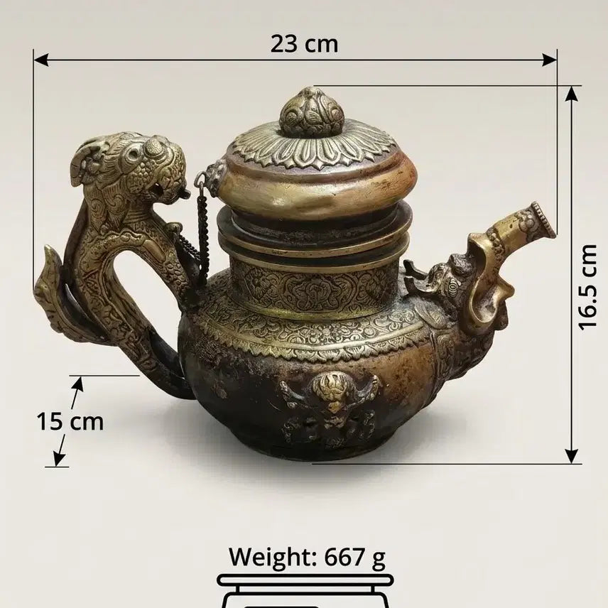 [BUNJANG] Antique Tibetan Style Bronze Teapot with Dragon and Makara Carvings / 앤틱 티베트 스타일 드래곤 청동 주전자 (용 조각 / 풍수 인테리어 수집