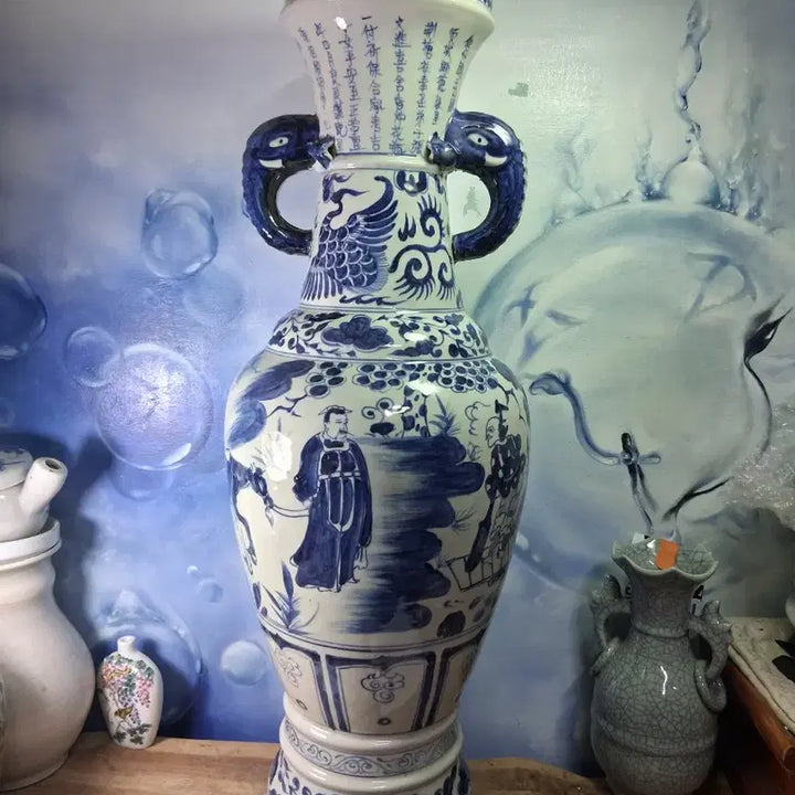 [BUNJANG] Joseon Dynasty Celadon Porcelain Vase with Phoenix Motif / 청화백자 봉황문  양이호 도자기