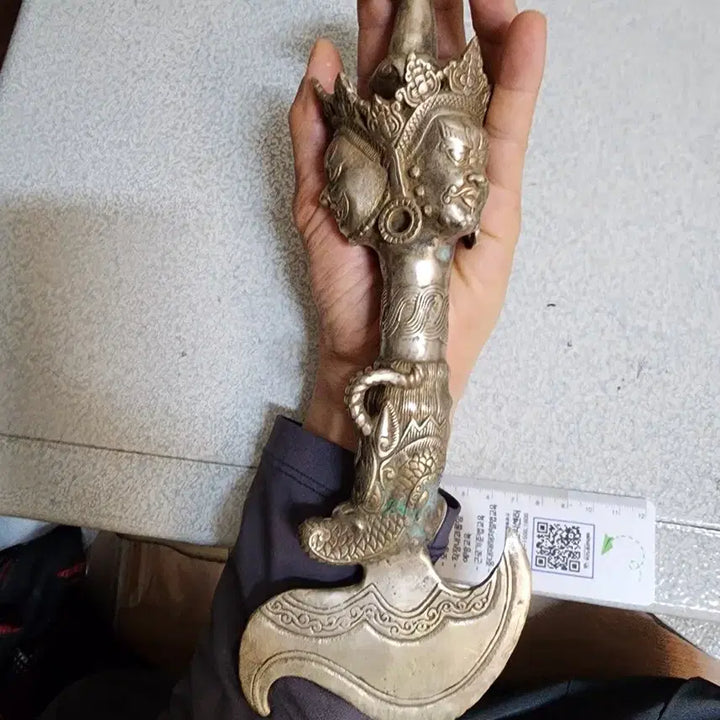 [BUNJANG] Antique Gold Bar Charm with Vajra, Dragon Head, and Buddha Embellishments / 소품 금강저 3면인물상 용두 부처님 퇴마 관세음 호신불 행운 부적 금괴