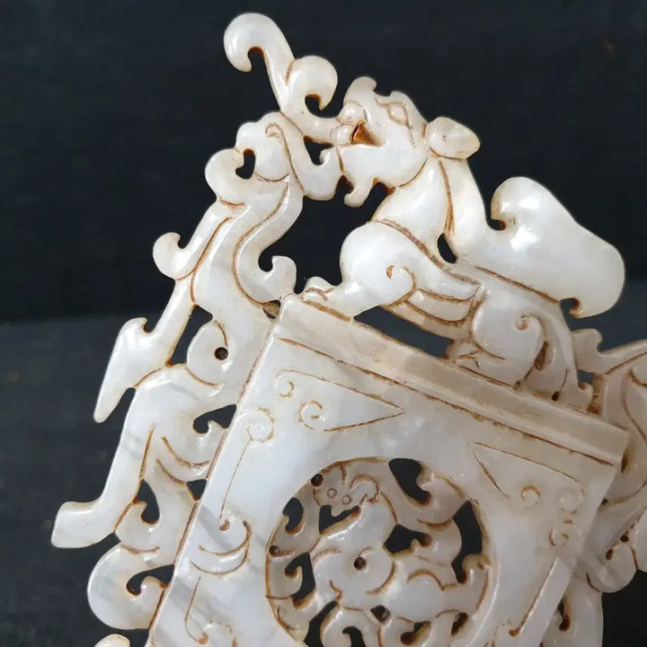[BUNJANG] Excavated White Jade Huazhuanyu with Phoenix and Kirin Carvings / (수원만물)출토 화전옥 백옥 옥기