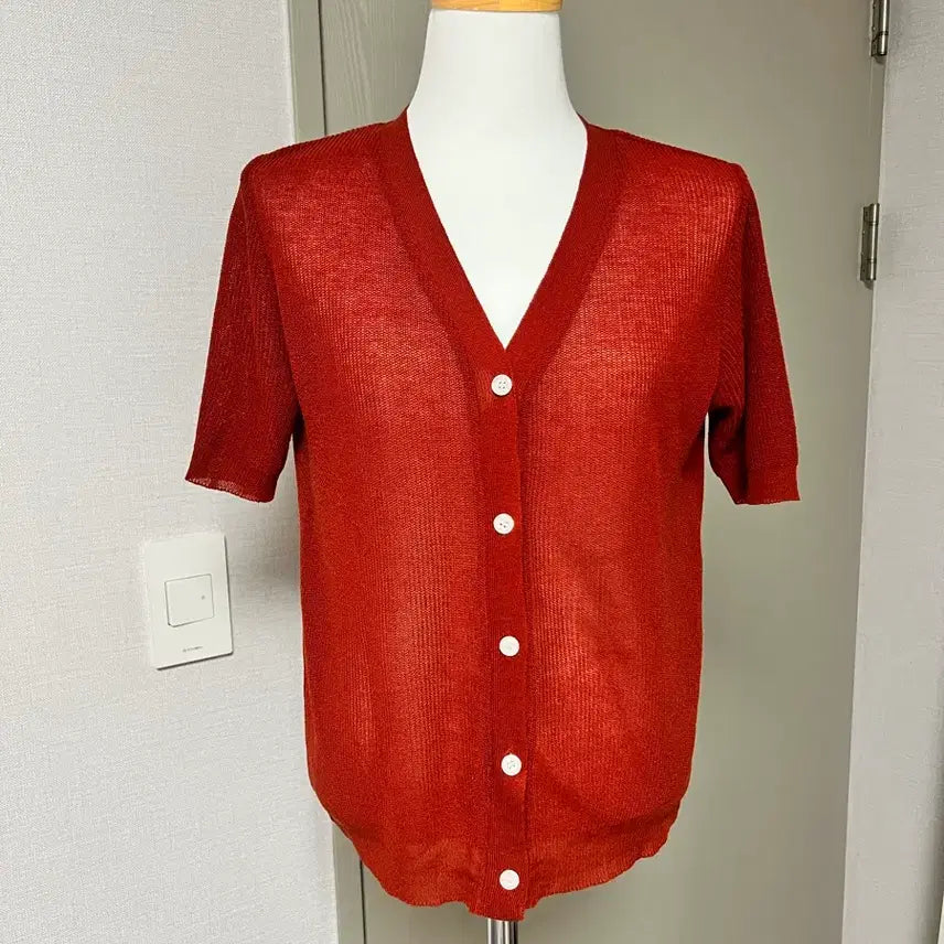 [BUNJANG] Red Short-Sleeve Knit Cardigan / 레드 반팔 니트 가디건