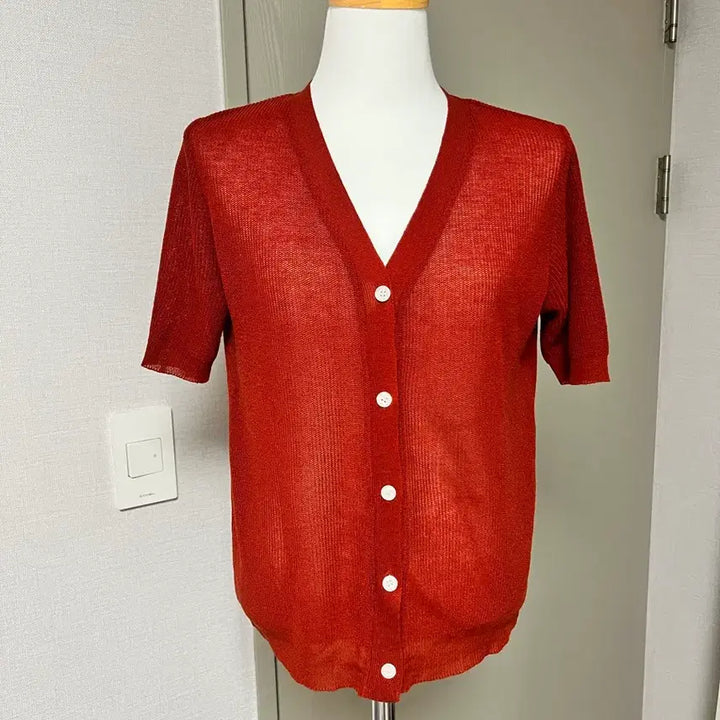 [BUNJANG] Red Short-Sleeve Knit Cardigan / 레드 반팔 니트 가디건
