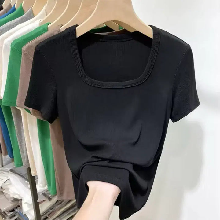 [BUNJANG] Square Neck Short Sleeve T-Shirt 2-Piece Set (Black &amp; White) / (당일발송)기본t 블랙&amp;화이트 스퀘어넥 반팔 2장 세트