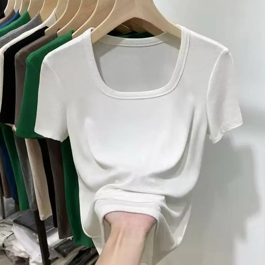 [BUNJANG] Square Neck Short Sleeve T-Shirt 2-Piece Set (Black &amp; White) / (당일발송)기본t 블랙&amp;화이트 스퀘어넥 반팔 2장 세트