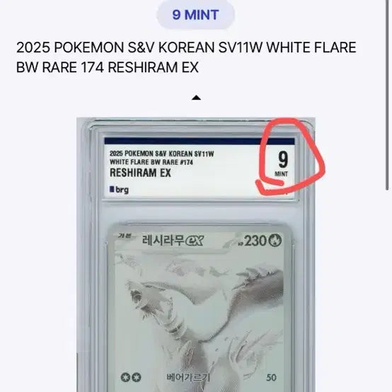 [BUNJANG] Reshiram EX BW/BRG 9 Graded Trading Card / 레시라무 bwr brg 9