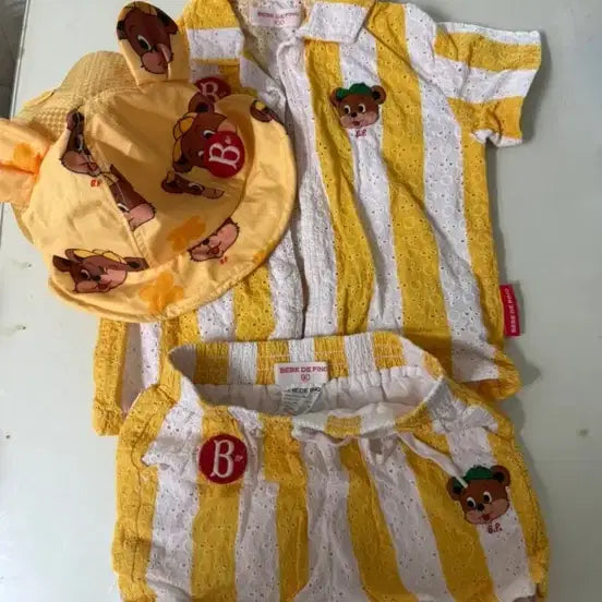 [SOLD OUT] 베베드피노 펀칭 스트라이프 셔츠&amp;팬츠 모자 세트