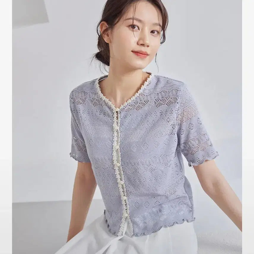 [BUNJANG] Ganissong Flower Lace Short Sleeve Cardigan Light Purple / (새상품)가니송 플라워 레이스 반팔 가디건 라이트 퍼플