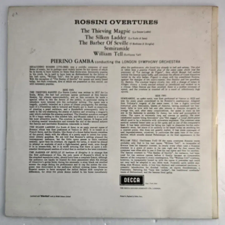 [BUNJANG] Decca SXL 2266 Pierino Gamba - Rossini Overtures (UK ED2 WB) / Decca SXL 피에리노 감바 - 로시니 서곡집 (ed2, WB)