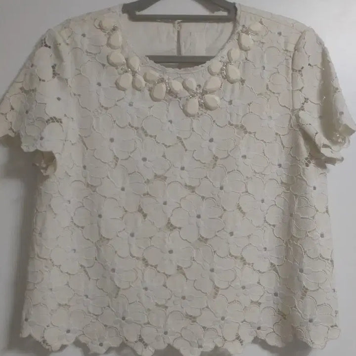 [BUNJANG] Osecon Lace Detail Short Sleeve Blouse Size 55 / 오즈세컨 레이스 장식 반팔 블라우스 55