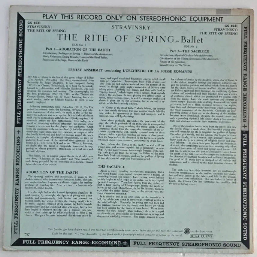 [BUNJANG] Ernest Ansermet &amp; Suisse Romande Orchestra - Stravinsky: The Rite of Spring (Decca London CS 6031) / Decca London 앙세르메 - 스트라빈스키 봄의 제전 WB