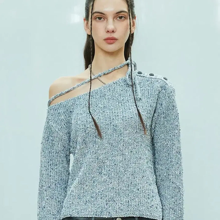 [BUNJANG] Lartigent L9 Open Off-Shoulder Mélange Ribbon Knit / 라티젠 L9 오픈 오프숄더 보카시 리본 니트