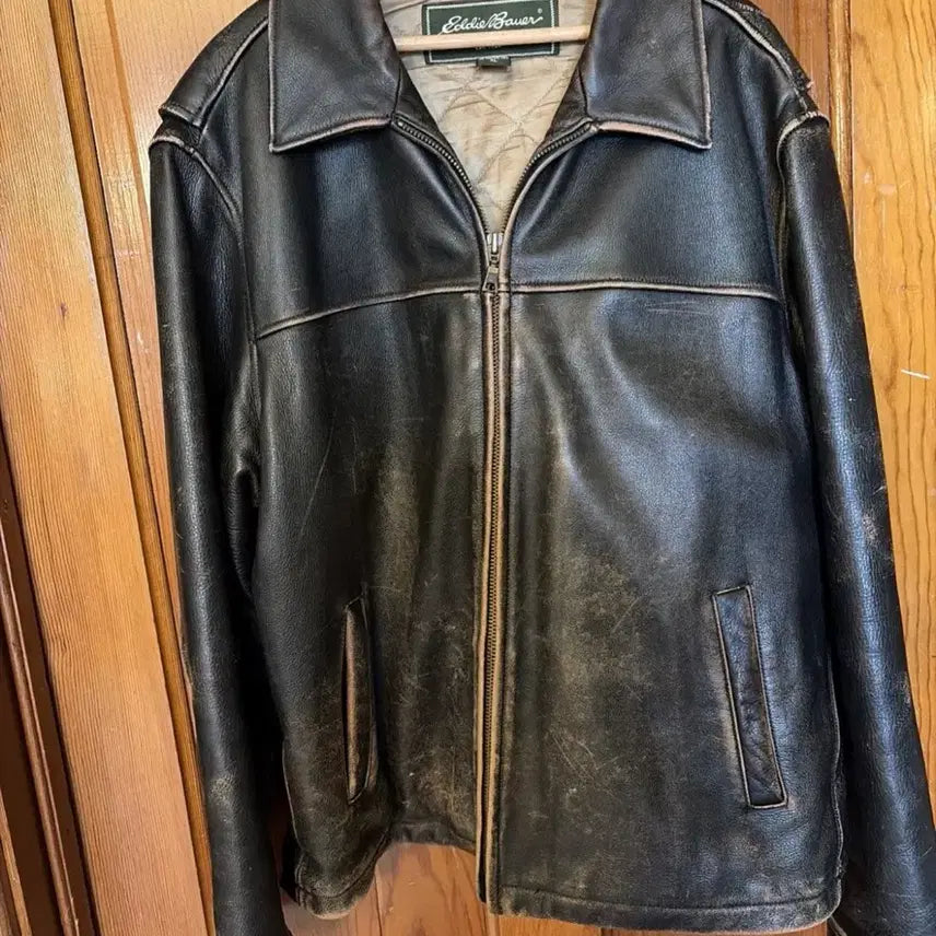 [BUNJANG] Eddie Bauer Vintage Full Zip Leather Bomber Jacket XL / 에디바우어 빈티지 레더 풀집 봄버 자켓 XL