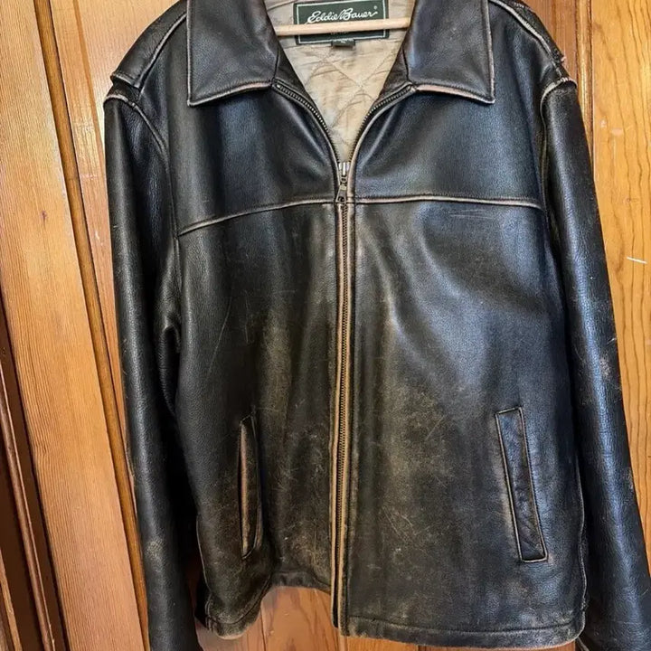 [BUNJANG] Eddie Bauer Vintage Full Zip Leather Bomber Jacket XL / 에디바우어 빈티지 레더 풀집 봄버 자켓 XL