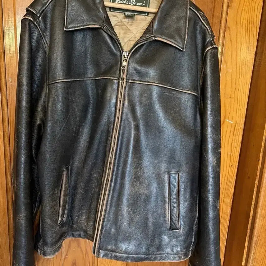 [BUNJANG] Eddie Bauer Vintage Full Zip Leather Bomber Jacket XL / 에디바우어 빈티지 레더 풀집 봄버 자켓 XL