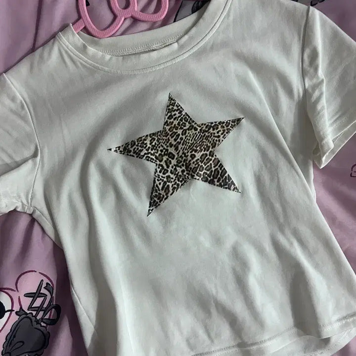 [BUNJANG] Gyaru Leopard Star Crop Short Sleeve T-Shirt / 갸루 레오파드 호피 별 크롭 반팔티