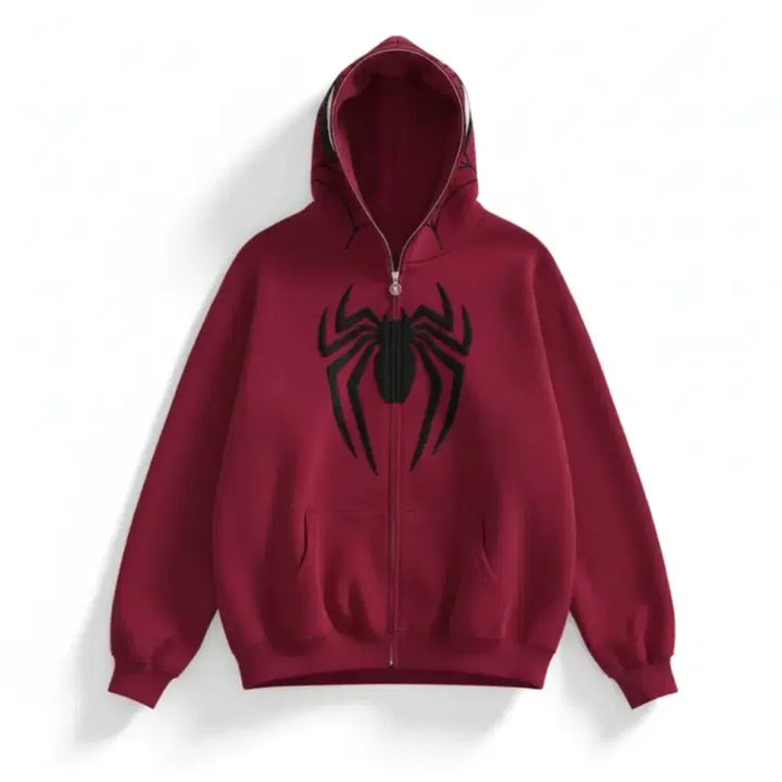 [BUNJANG] Spiderman Print Hoodie Zip-up Wine Color / 스파이더맨 프린트 후드 집업 와인색