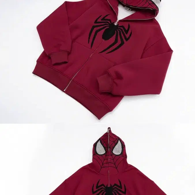 [BUNJANG] Spiderman Print Hoodie Zip-up Wine Color / 스파이더맨 프린트 후드 집업 와인색