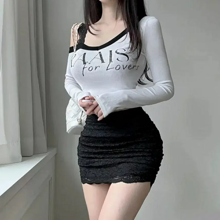 [BUNJANG] White Off-Shoulder Cropped Long Sleeve T-Shirt / 화이트 오프숄더 긴팔티셔츠 에이블리 크롭티셔츠