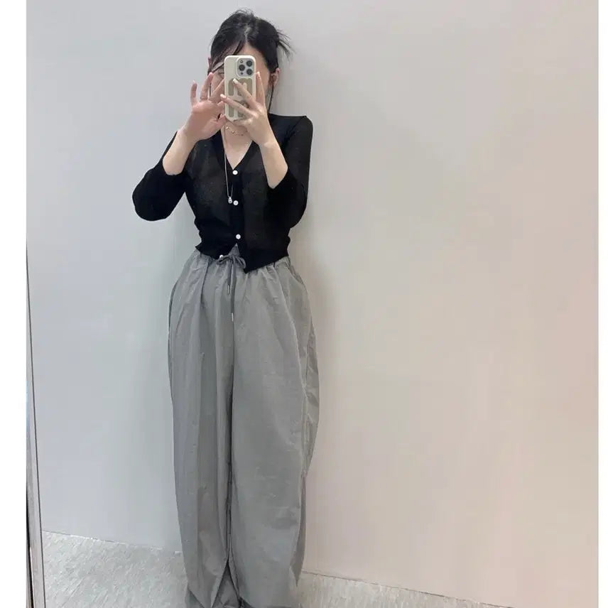 [BUNJANG] Nylon String Jogger Wide Pants Charcoal Khaki / 바스락 나일론 스트링 조거 밴딩 와이드 팬츠  챠콜카키