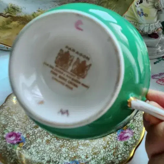 [BUNJANG] Antique Teacup Set - Green, Gold, Rose Motif / 앤틱 찻잔 세트 그린 골드 로즈 문양