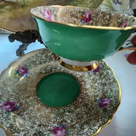 [BUNJANG] Antique Teacup Set - Green, Gold, Rose Motif / 앤틱 찻잔 세트 그린 골드 로즈 문양