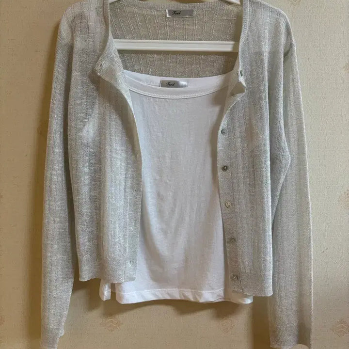[BUNJANG] Silver Pearl Knit Cardigan + White Sleeveless Top Set / 은색 펄 니트 가디건 + 화이트 민소매 나시 세트